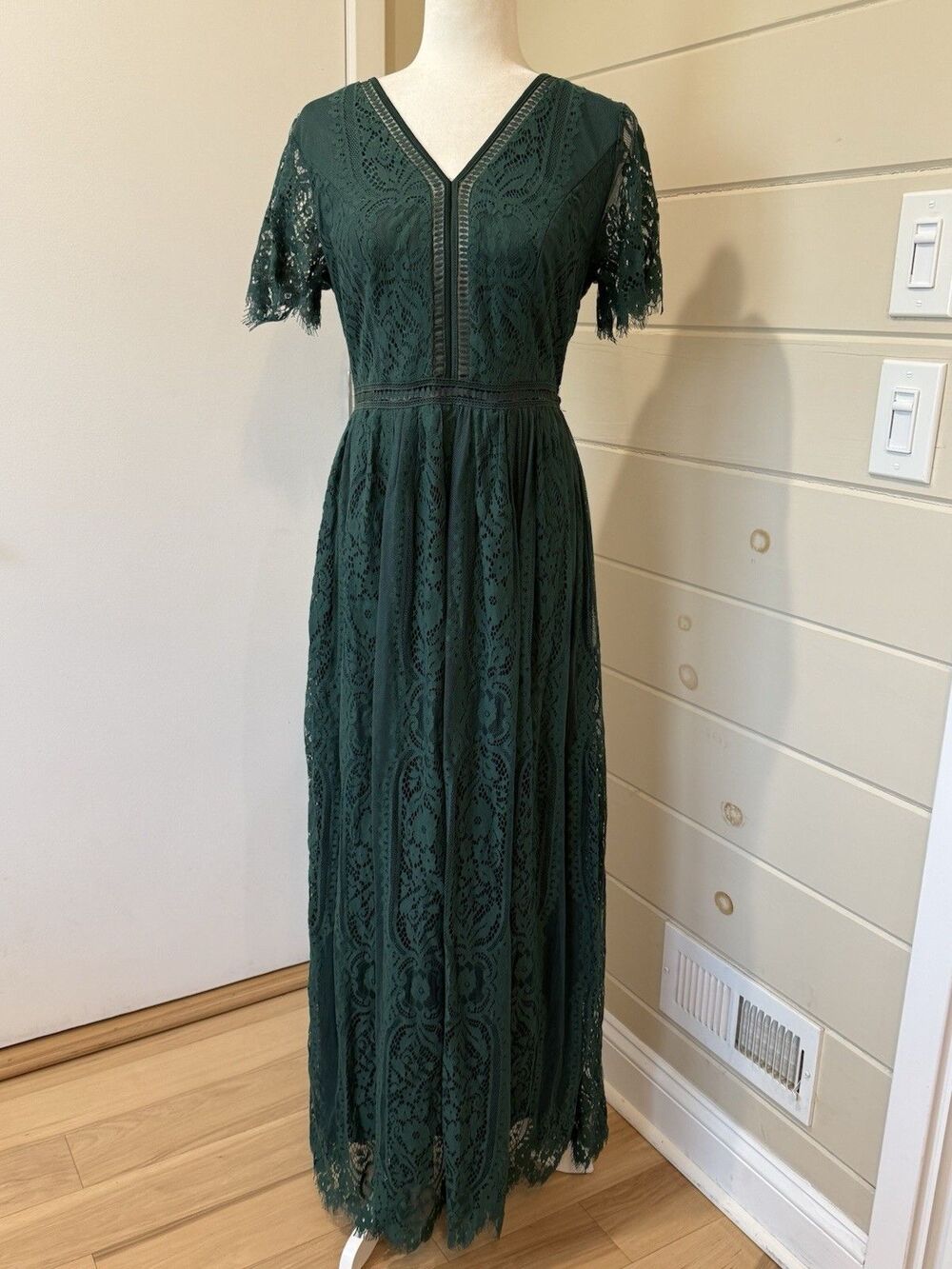 Merokeety Dark Green M Lace Dress Maxi Formal V-Neck Zip Gown Fairy Whimsigoth